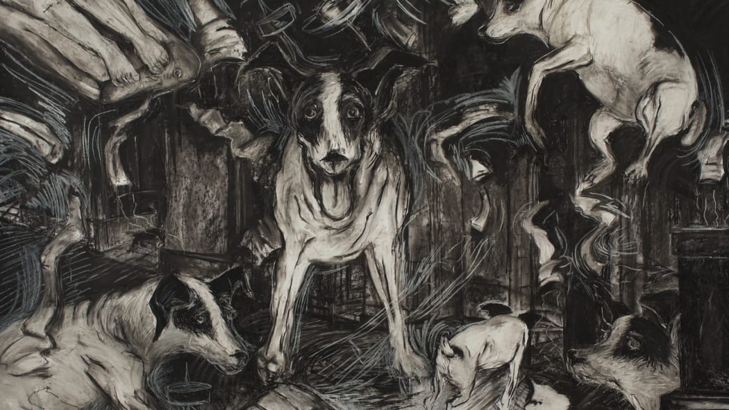 One of Laurie Anderson’s paintings of her dog Lolabelle from her film Heart of a Dog.